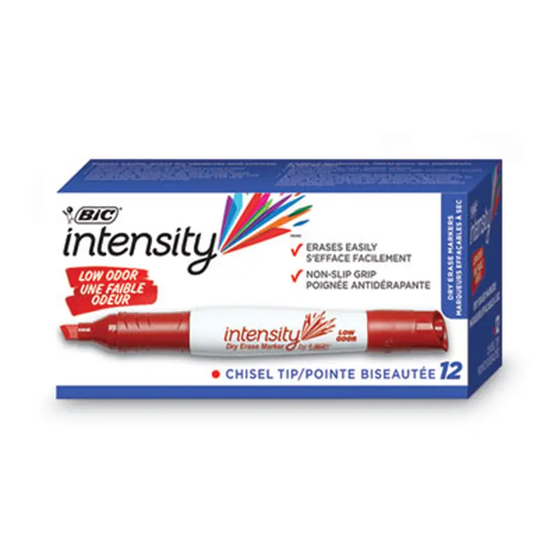 Intensity Low Odor Chisel Tip Dry Erase Marker, Extra-Broad Bullet Tip, Red, Dozen - Board Markers | BIC