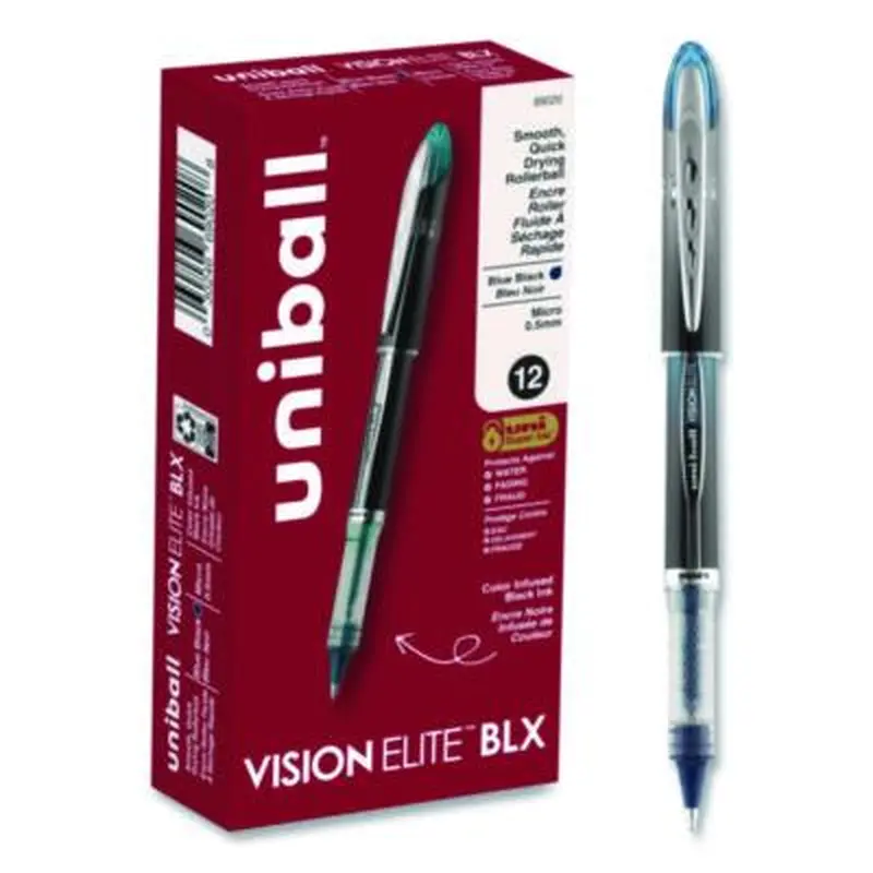 VISION ELITE BLX Series Hybrid Gel Pen, Stick, Extra-Fine 0.5 mm, Blue-Infused Black Ink, Gray/Blue/Clear Barrel - Pens | uniball