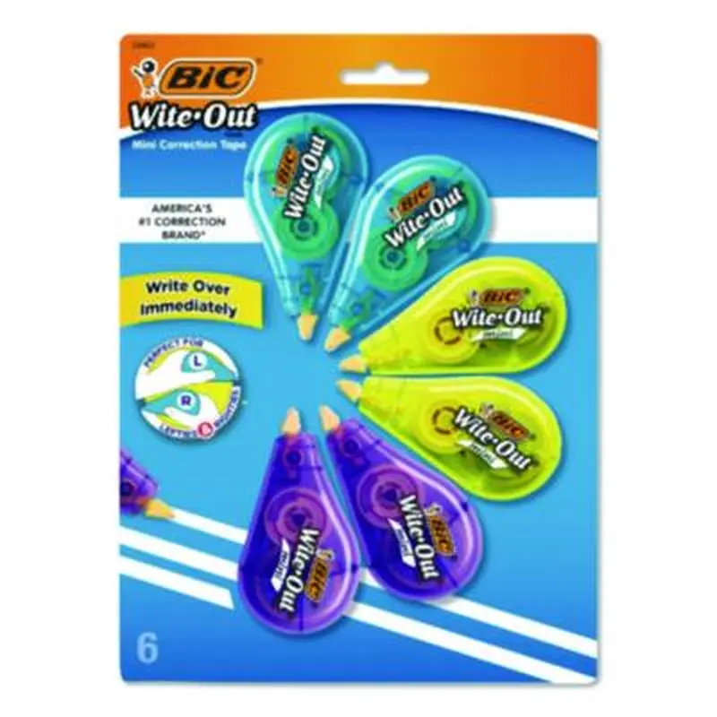 Wite-Out Brand Mini Correction Tape, Non-Refillable, 0.2" x 26.2 ft, White Tape, Assorted Dispenser Colors, 6/Pack - Correction Tapes | BIC