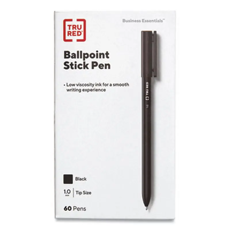 Ballpoint Pen, Stick, Medium 1 mm, Black Ink, Black Barrel, 60/Pack - Pens | TRU RED