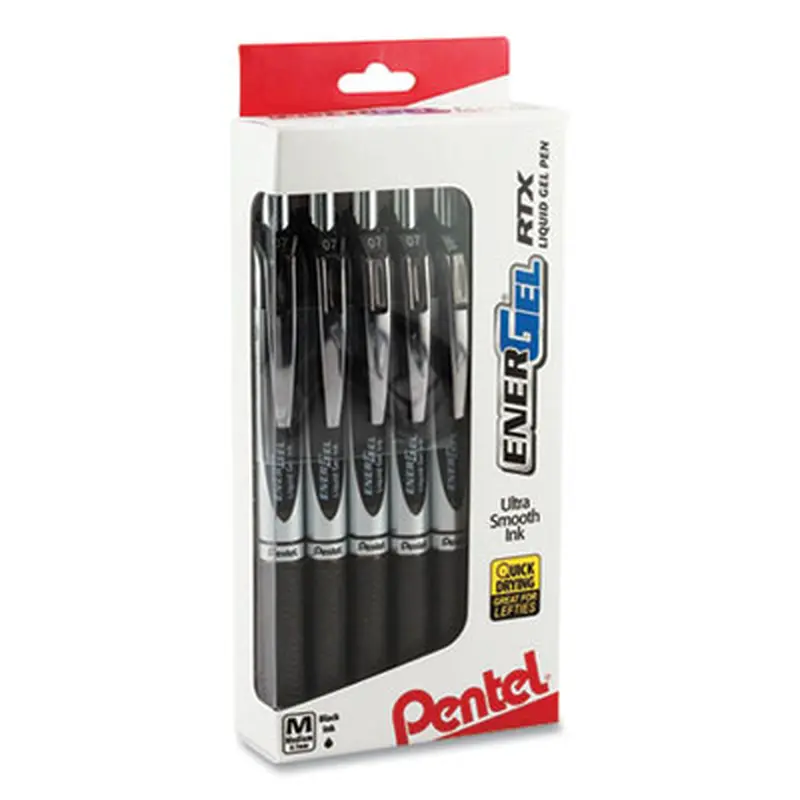 EnerGel RTX Gel Pen, Retractable, Medium 0.7 mm, Black Ink, Black/Silver Barrel, Dozen - Pens | Pentel