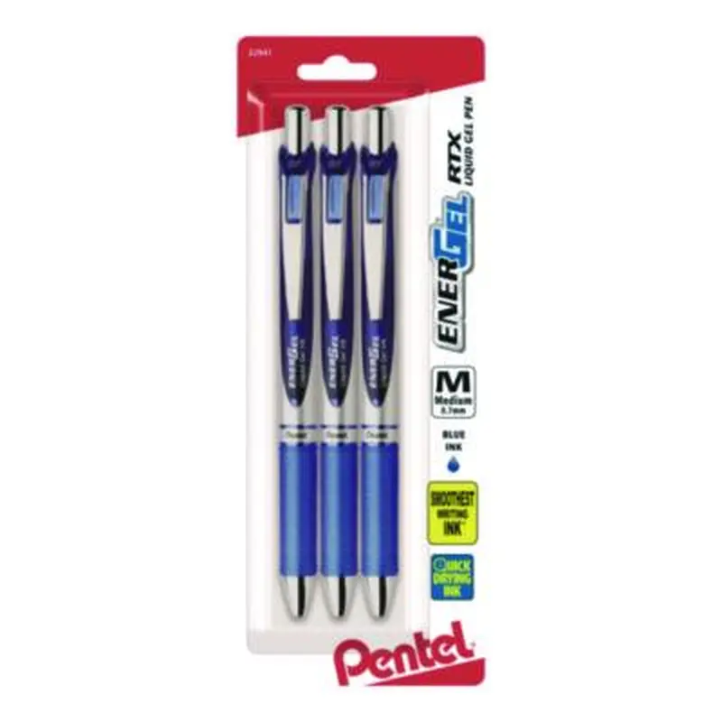 EnerGel RTX Gel Pen, Retractable, Medium 0.7 mm, Blue Ink, Blue/Silver Barrel, 3/Pack - Pens | Pentel