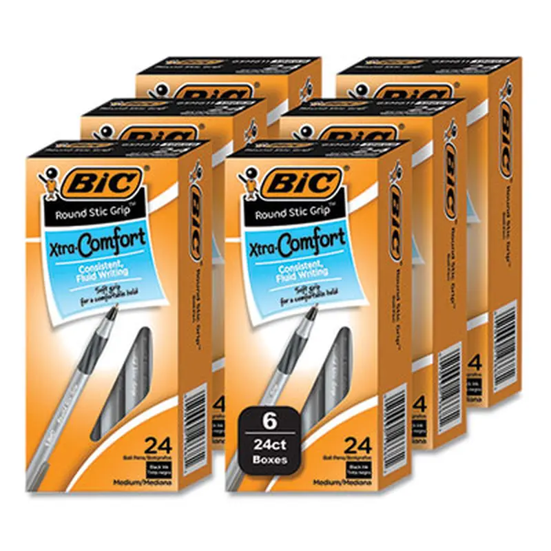 Round Stic Grip Xtra Comfort Ballpoint Pen, Stick, Medium 1 mm, Black Ink, Gray/Black Barrel, 144/Pack - Pens | BIC