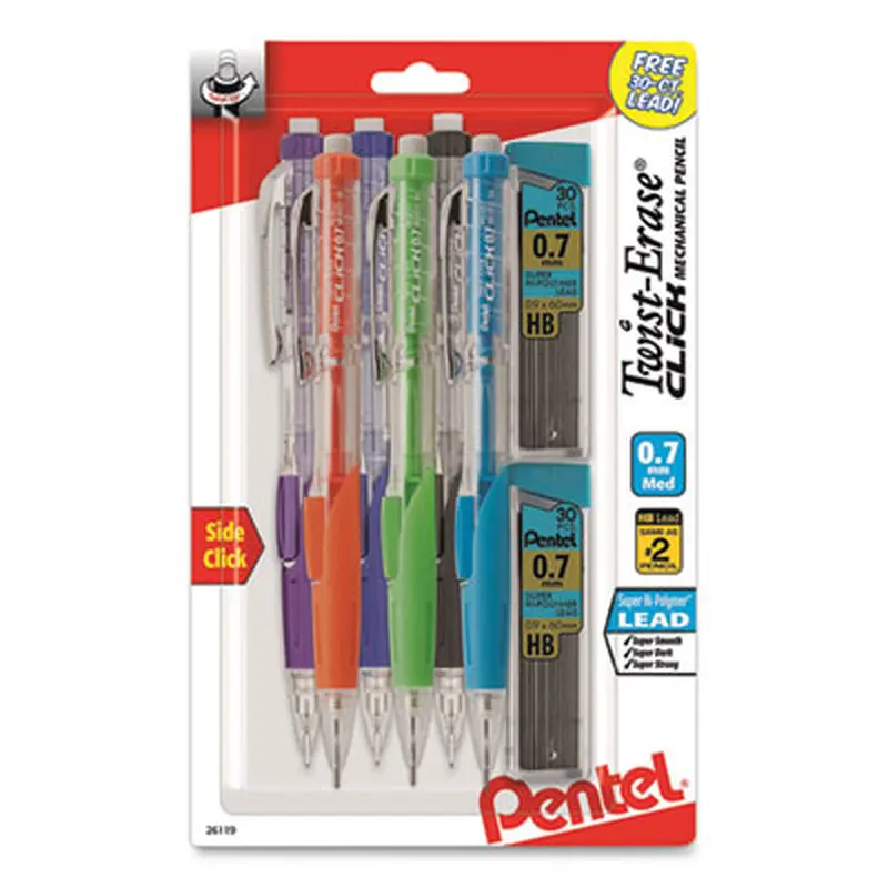 Twist-Erase CLICK Mechanical Pencil, 0.7 mm, HB (#2), Black Lead, Assorted Barrel Colors, 6/Pack - Pencils | Pentel