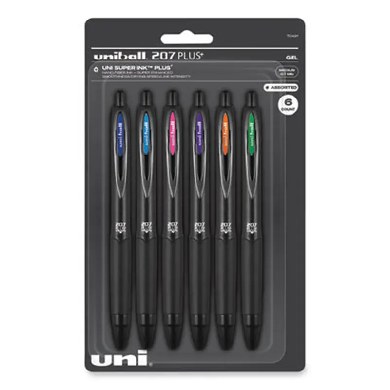 207 Plus  Gel Pen, Retractable, Medium 0.7 mm, Assorted Inspirational Ink Colors, Black Barrel, 6/Pack - Pens | uniball