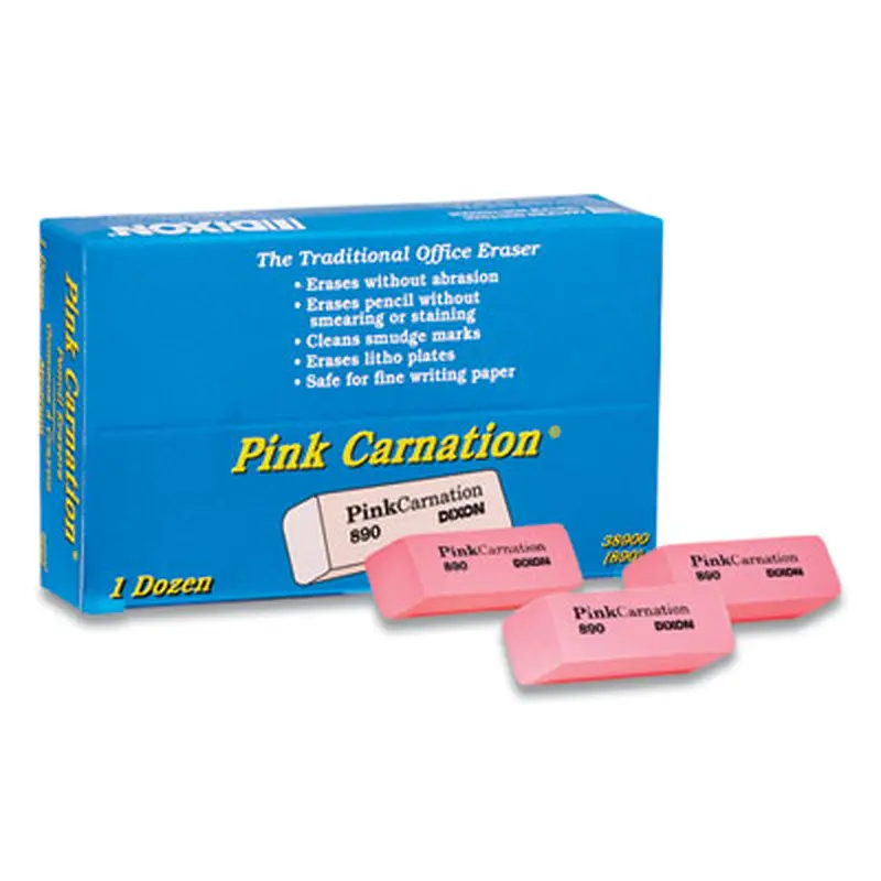 Pink Carnation Erasers, For Pencil Marks, Rectangular Block, Medium, Pink, Dozen - Pencil & Ink Erasers | Dixon
