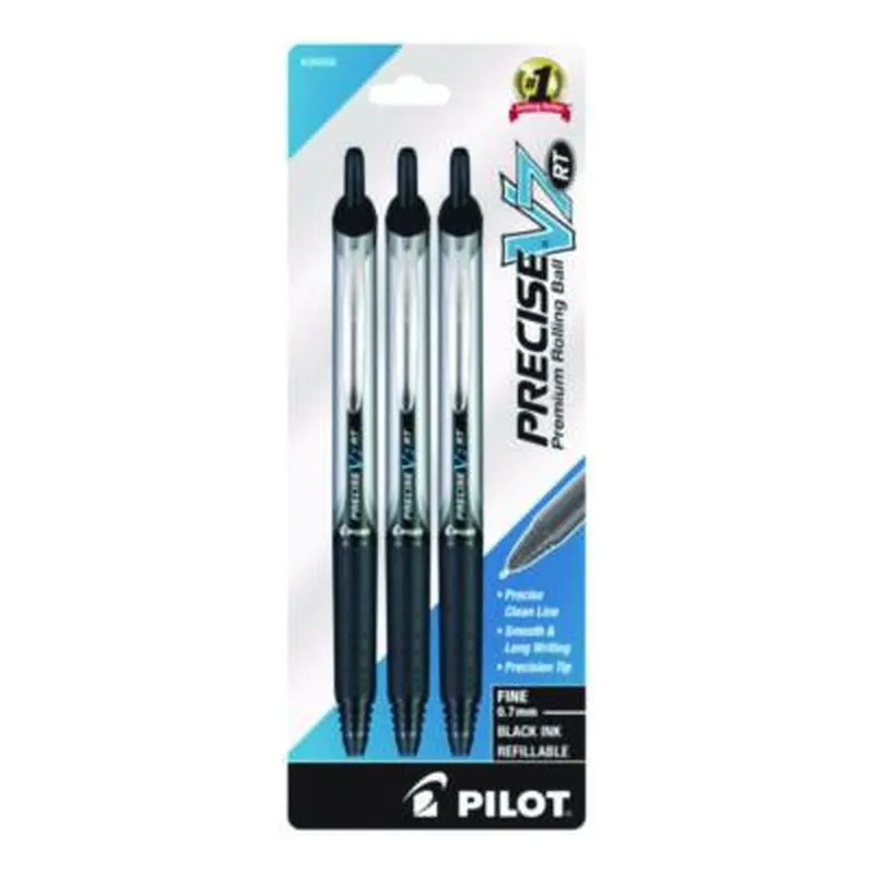 Precise V7RT Rollerball Pen, Retractable, Fine 0.7 mm, Black Ink, Black Barrel, 3/Pack - Pens | Pilot