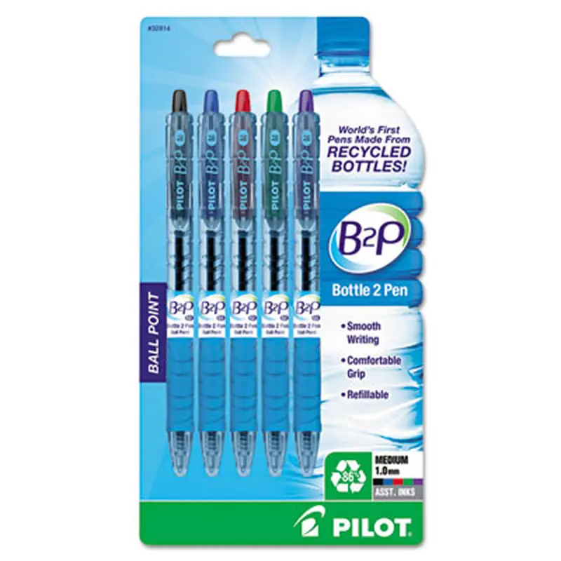 B2P Bottle-2-Pen Recycled Ballpoint Pen, Retractable, Medium 1 mm, Assorted Ink Colors, Translucent Blue Barrel, 5/Pack - Pens | Pilot