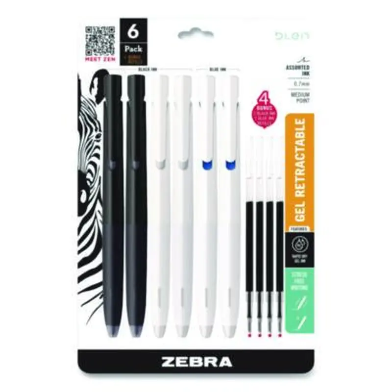 bLen Gel Pen, Medium 0.7 mm, Black; Blue Ink, White; Black Barrel, 6/Pack - Pens | Zebra