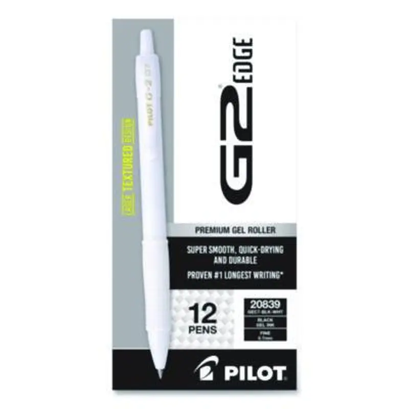 G2 Edge Premium Gel Roller Pen, Retractable, Fine 0.7 mm, Black Ink, White Barrel, Dozen - Pens | Pilot