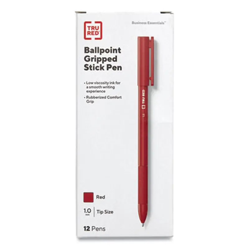 Gripped Ballpoint Pen, Stick, Medium 1 mm, Red Ink, Red Barrel, Dozen - Pens | TRU RED
