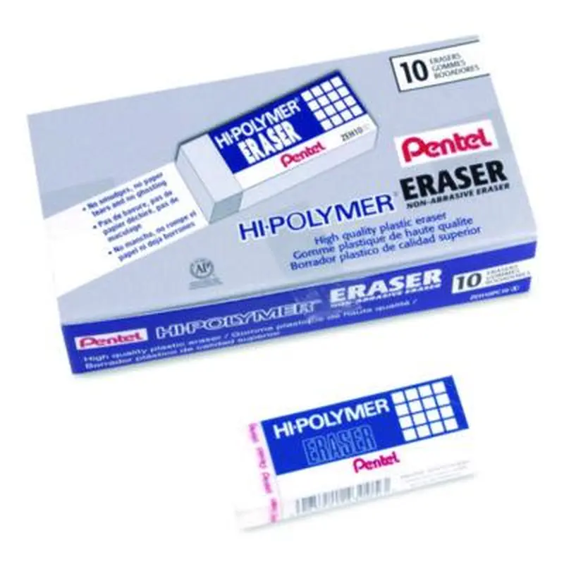 Hi-Polymer Eraser, For Pencil Marks, Rectangular Block, White, 10/Box - Pencil & Ink Erasers | Pentel