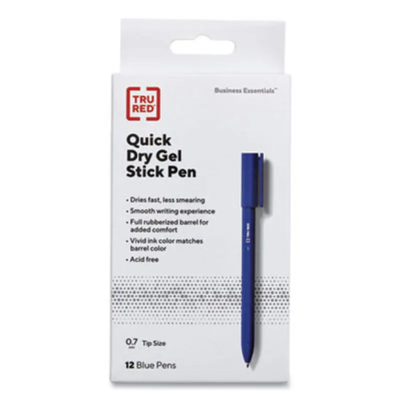 Quick Dry Gel Pen, Stick, Medium 0.7 mm, Blue Ink, Blue Barrel, Dozen - Pens | TRU RED