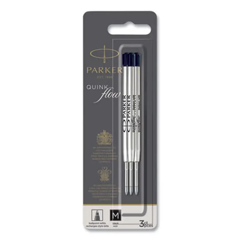 Quinkflow Refill for Parker Ballpoint Pen, Medium Tip, Black Ink, 3/Pack - Pen & Marker Refills | Parker