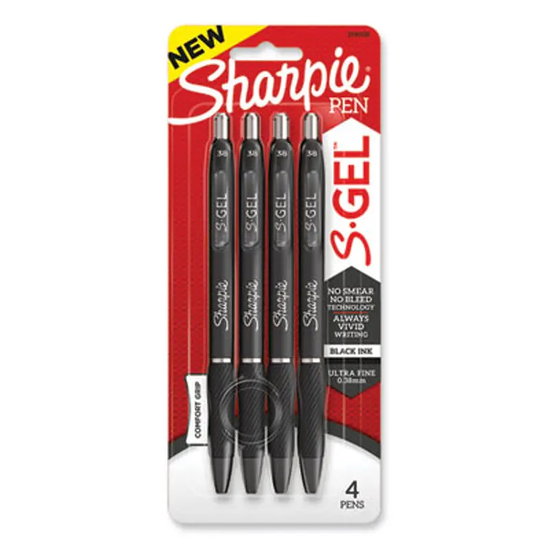 S-Gel High-Performance Gel Pen, Retractable, Extra-Fine 0.38 mm, Black Ink, Black Barrel, 4/Pack - Pens | Sharpie S-Gel