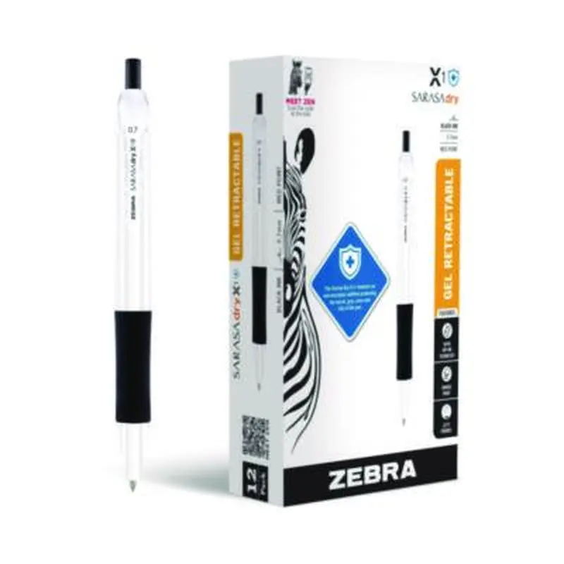 Sarasa Dry X1  Gel Pen, Retractable, Medium 0.7 mm, Black Ink, White/Black Barrel, 12/Pack - Pens | Zebra