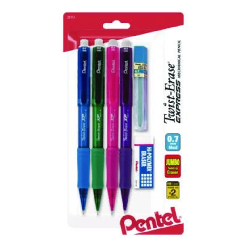 Twist Erase EXPRESS Mechanical Pencil, 0.7 mm, HB (#2), Black Lead, Assorted Color Barrels, 4/Pack - Pencils | Pentel