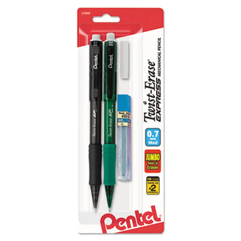 Twist-Erase EXPRESS Mechanical Pencils with Tube of Lead/Eraser, 0.7 mm, HB (#2), Black Lead, Assorted Barrel Colors, 2/Pack - Pencils | Pentel