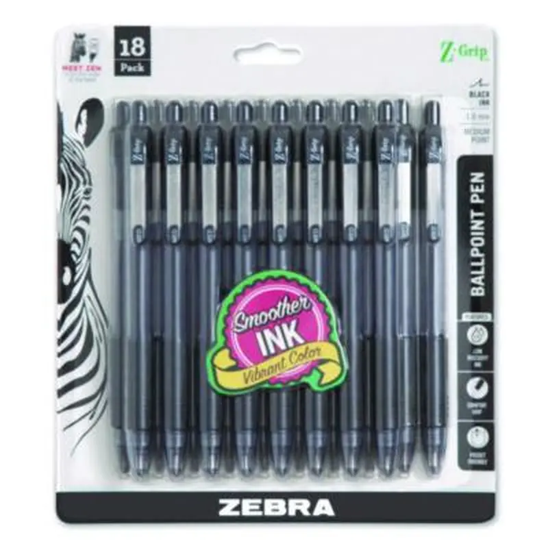 Z-Grip Ballpoint Pen, Retractable, Medium 1 mm, Black Ink, Clear/Black Barrel, 18/Pack - Pens | Zebra