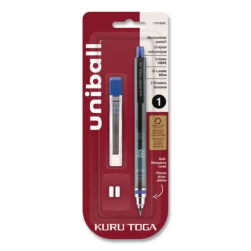 KuruToga Mechanical Pencil with Tube of Lead/Erasers, 0.5 mm, HB (#2), Black Lead, Black Barrel - Pencils | uniball