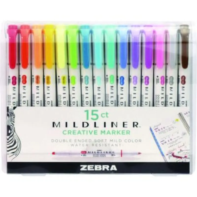 Mildliner Double Ended Highlighter, Assorted Ink Colors, Bold-Chisel/Fine-Bullet Tips, Assorted Barrel Colors, 15/Pack - Highlighters | Zebra