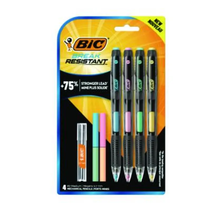 Break-Resistant Mechanical Pencils with Erasers, 0.7 mm, HB (#2), Black Lead, Assorted Barrel Colors, 4/Pack - Pencils | BIC