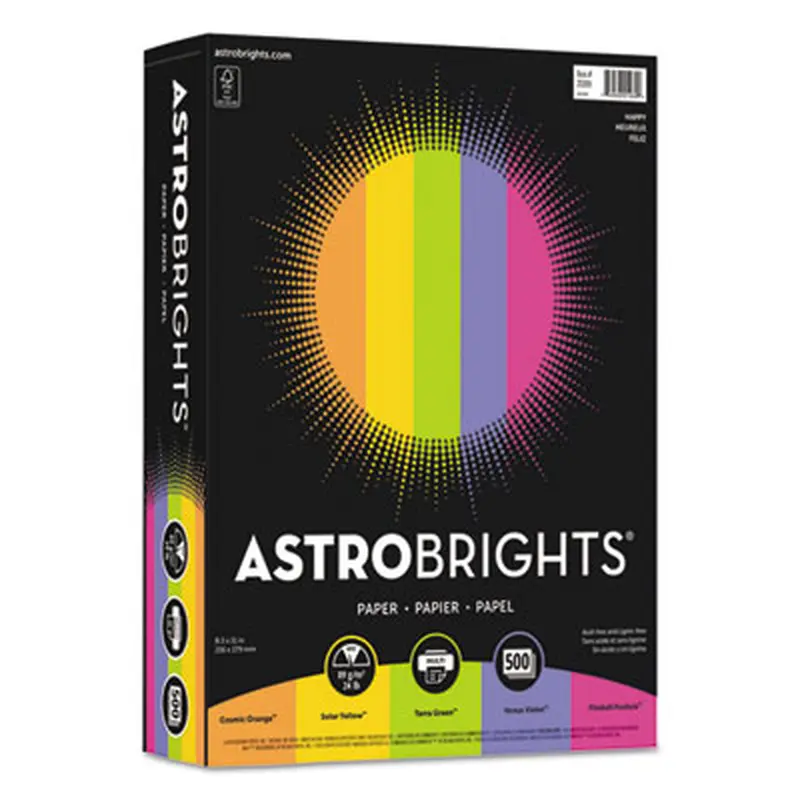 Color Paper - "Happy" Assortment, 24 lb Bond Weight, 8.5 x 11, Assorted Happy Colors, 500/Ream - Copy Paper | Astrobrights