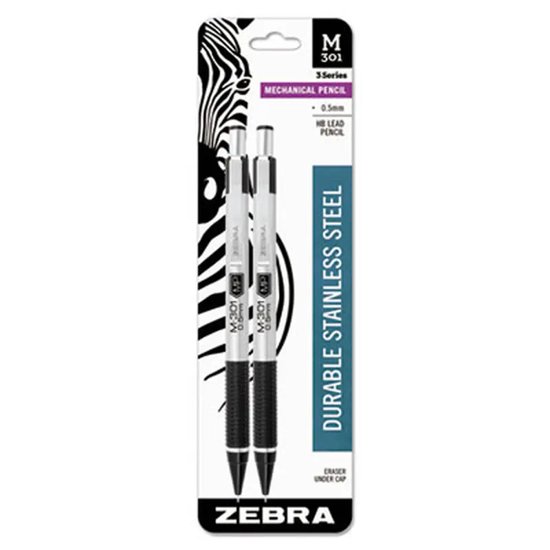 M-301 Mechanical Pencil, 0.5 mm, HB (#2), Black Lead, Silver/Black Barrel, 2/Pack - Pencils | Zebra