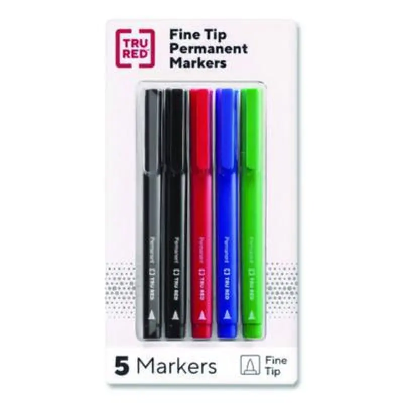 Permanent Marker, Pen-Style, Fine Bullet Tip, Assorted Colors, 5/Pack - Markers | TRU RED