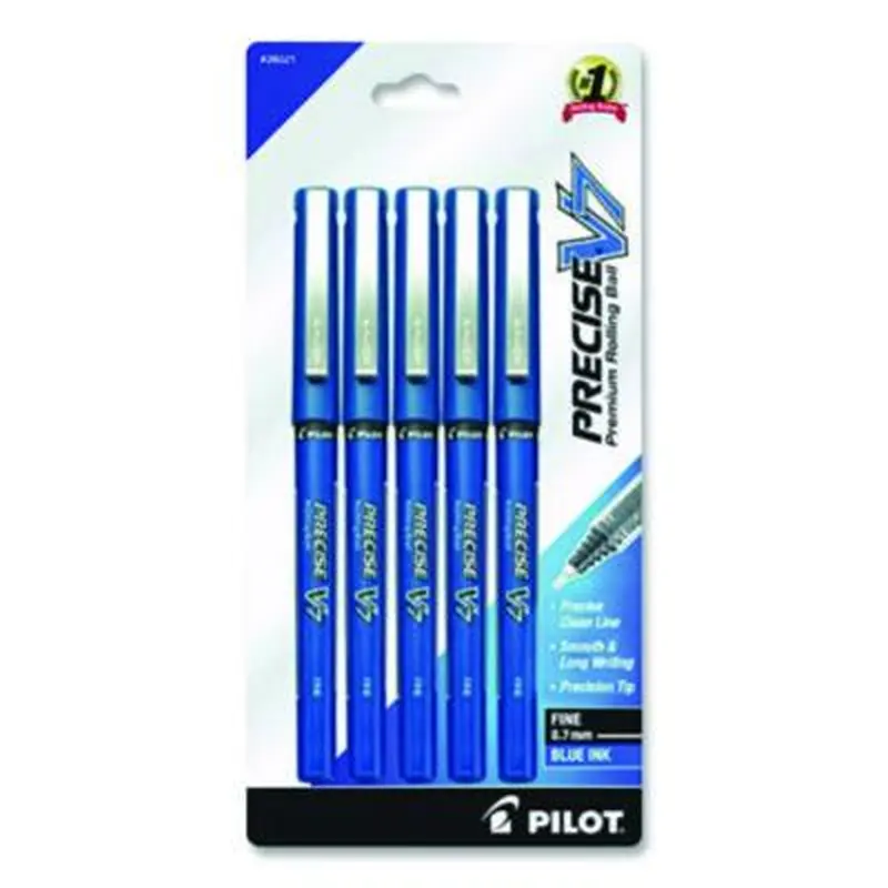 Precise V7 Rollerball Pen, Stick, Fine 0.7 mm, Blue Ink, Blue/Clear Barrel, 5/Pack - Pens | Pilot