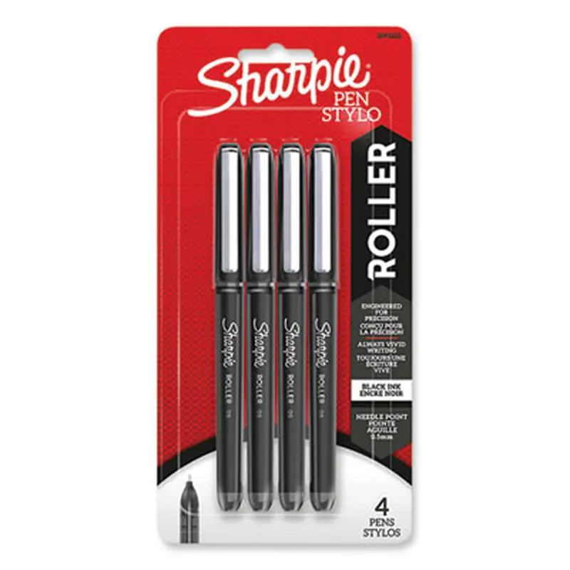 Professional Design Rollerball Pen, Stick, Fine 0.5 mm, Black Ink, Black Barrel, 4/Pack - Pens | Sharpie Roller