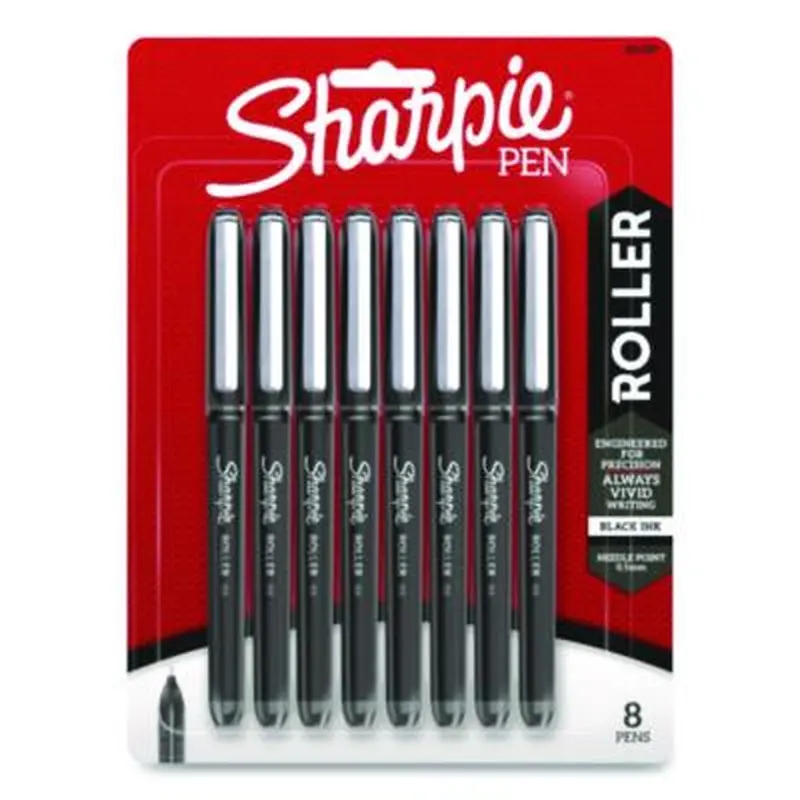 Professional Design Rollerball Pen, Stick, Fine 0.5 mm, Black Ink, Black Barrel, 8/Pack - Pens | Sharpie Roller