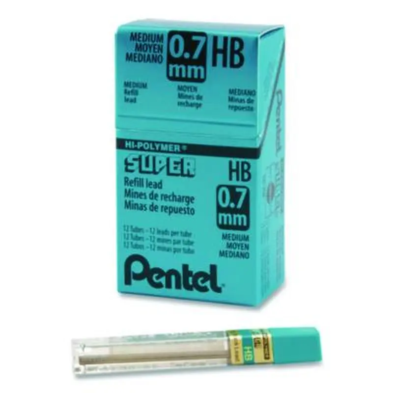 Super Hi-Polymer Lead Refills, 0.7 mm, HB, Black, 12 Leads/Tube, 12 Tubes/Box - Pencil Lead | Pentel