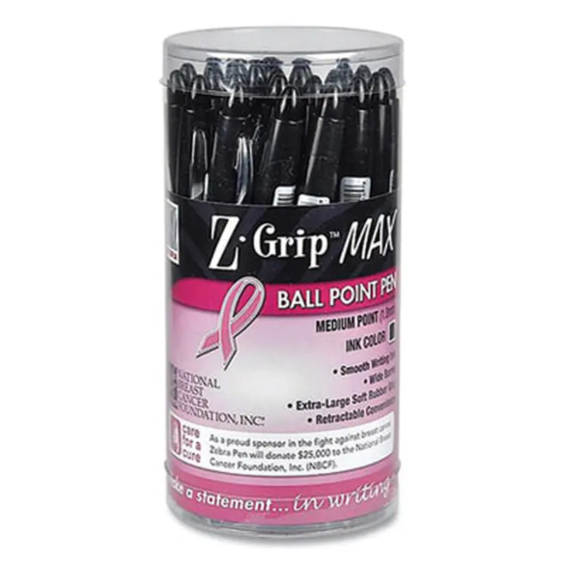 Z-Grip MAX Breast Cancer Awareness Ballpoint Pen, Retractable, Bold 1.2 mm, Black Ink, Silver/Black Barrel, 24/Pack - Pens | Zebra