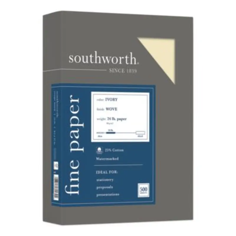 25% Cotton Business Paper, 95 Bright, 24 lb Bond Weight, 8.5 x 11, Ivory, 500 Sheets/Ream - Resume/Stationery Paper | Southworth