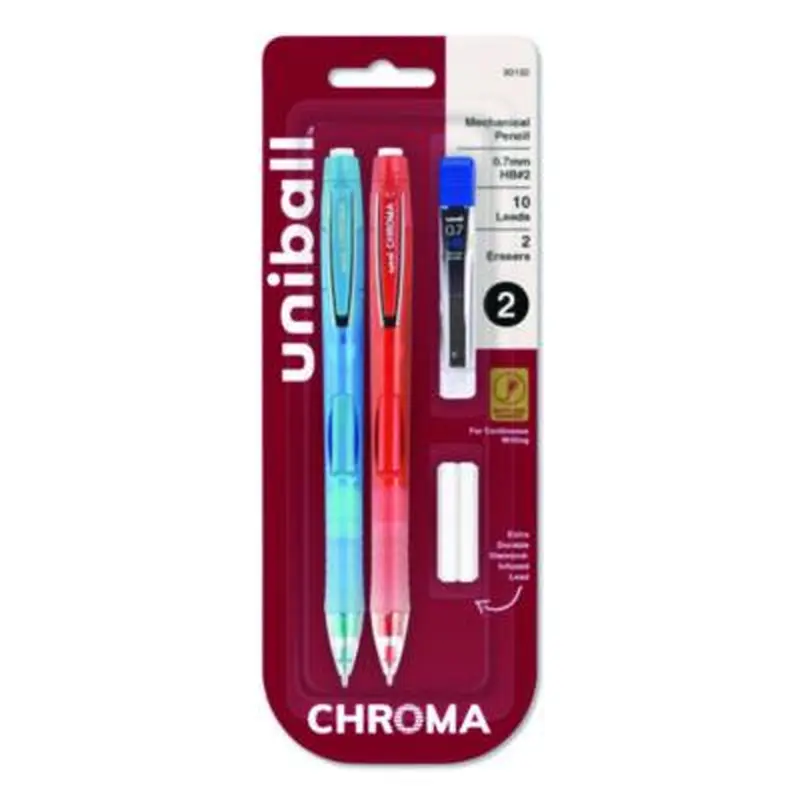Chroma Mechanical Pencils with Tube of Lead/Erasers, 0.7 mm, HB (#2), Black Lead, Assorted Barrel Colors, 2/Pack - Pencils | uniball
