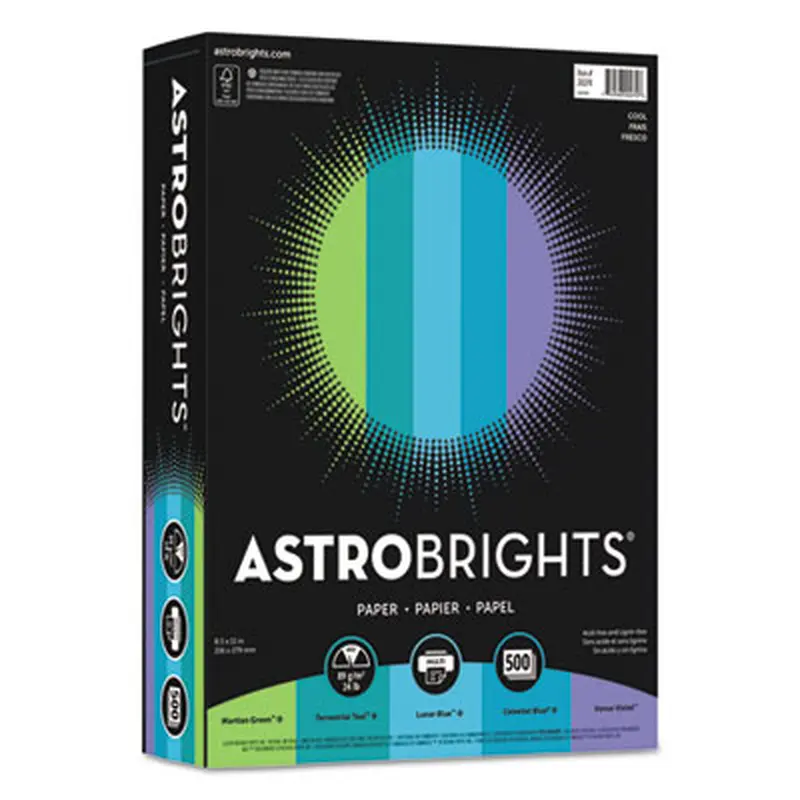 Color Paper - "Cool" Assortment, 24 lb Bond Weight, 8.5 x 11, Assorted Cool Colors, 500/Ream - Copy Paper | Astrobrights