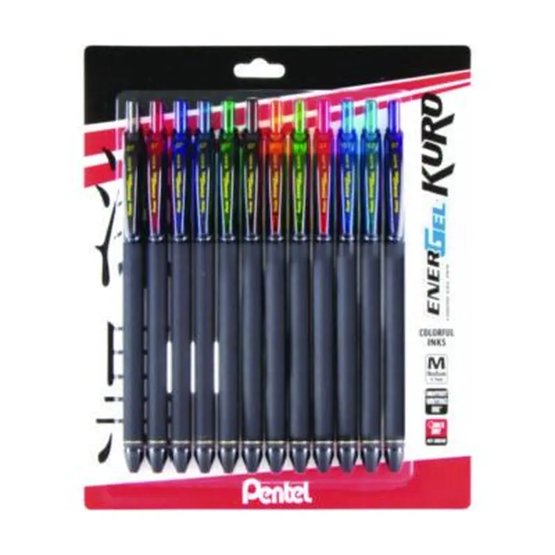 EnerGel Kuro Gel Pen, Retractable, Medium 0.7 mm, Assorted Ink Colors, Black Barrel, 12/Pack - Pens | Pentel