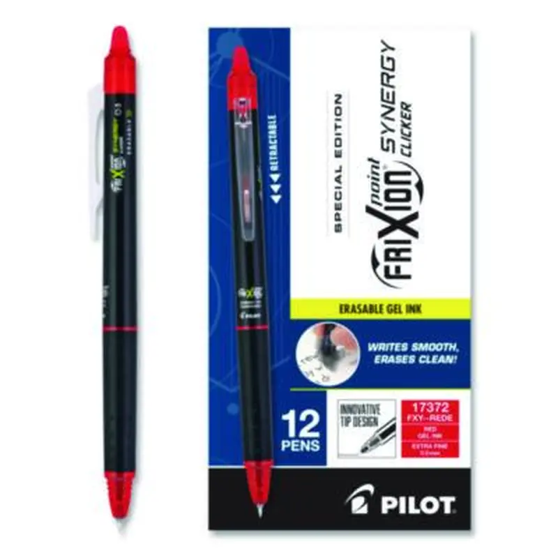 Frixion Synergy Clicker Erasable Gel Pen, Retractable, Extra Fine 0.5 mm, Red Ink, Black/Red Barrel, Dozen - Pens | Pilot