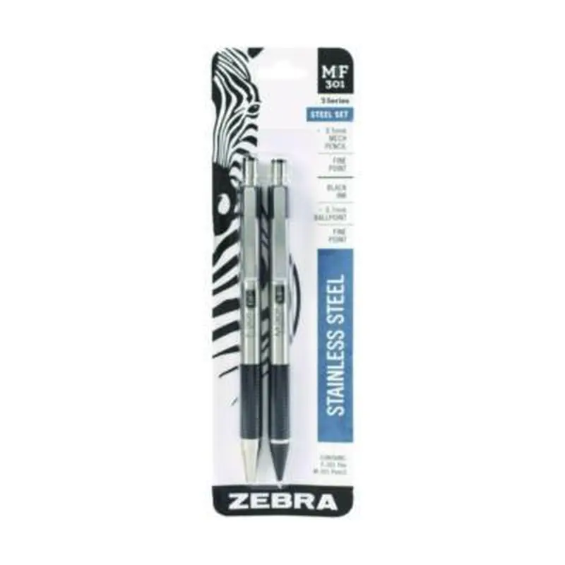 M/F 301 Stainless Steel Retractable Pen and Pencil Set, 0.7 mm Black Pen, 0.5 mm HB Pencil, Stainless Steel Barrels - Pen Sets | Zebra