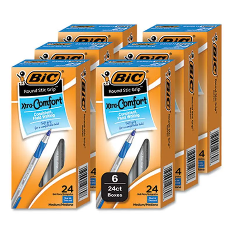 Round Stic Grip Xtra Comfort Ballpoint Pen, Stick, Medium 1 mm, Blue Ink, Gray/Blue Barrel, 144/Pack - Pens | BIC