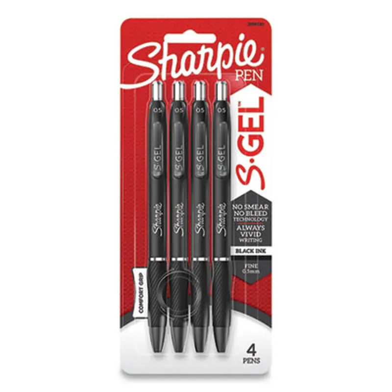 S-Gel High-Performance Gel Pen, Retractable, Fine 0.5 mm, Black Ink, Black Barrel, 4/Pack - Pens | Sharpie S-Gel