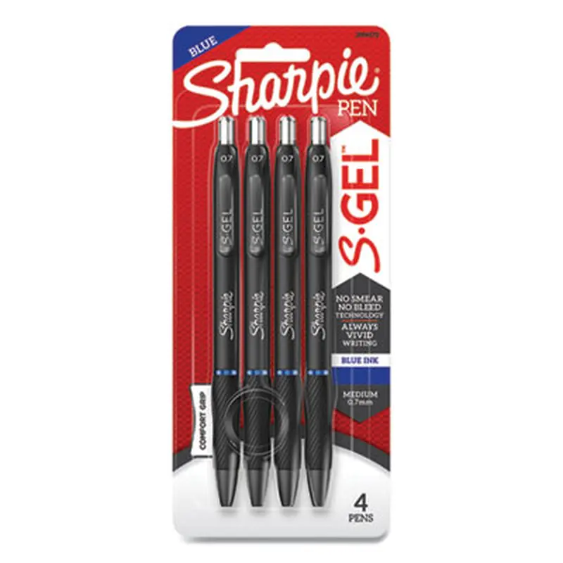 S-Gel High-Performance Gel Pen, Retractable, Medium 0.7 mm, Blue Ink, Black Barrel, 4/Pack - Pens | Sharpie S-Gel