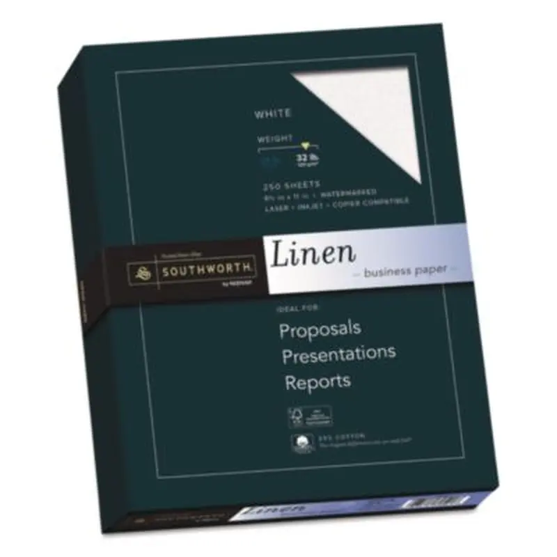 25% Cotton Linen Business Paper, 32 lb Bond Weight, 8.5 x 11, White, 250/Pack - Resume/Stationery Paper | Southworth