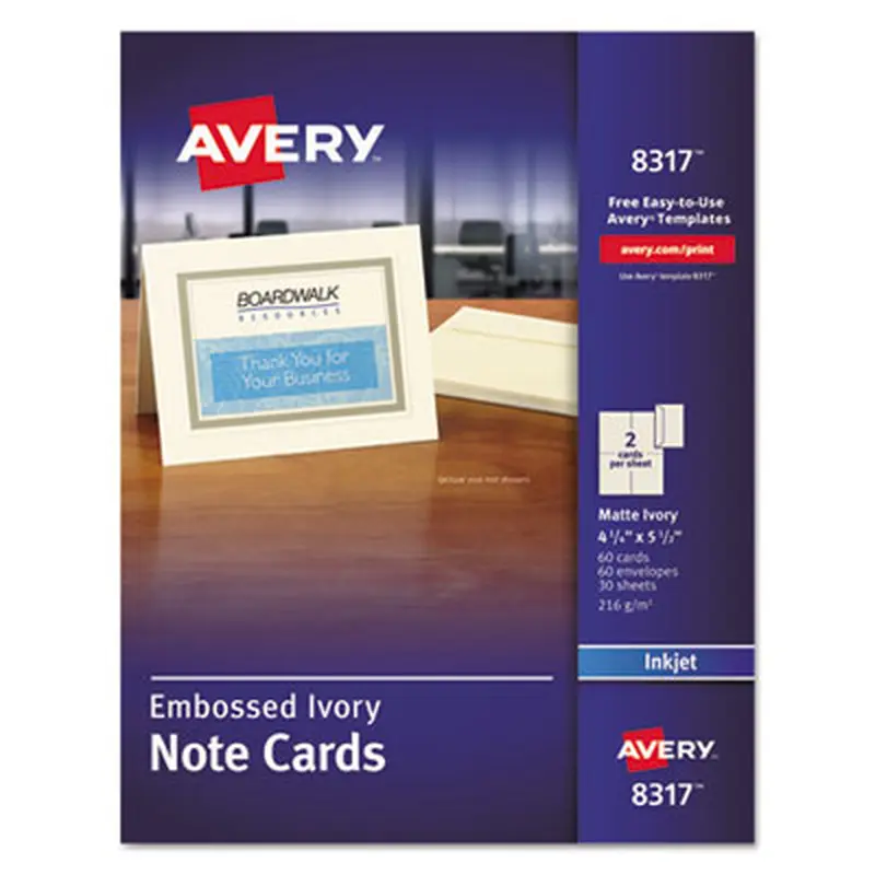 Note Cards with Matching Envelopes, Inkjet, 80 lb, 4.25 x 5.5, Embossed Matte Ivory, 60 Cards, 2 Cards/Sheet, 30 Sheets/Pack - Greeting Cards | Avery