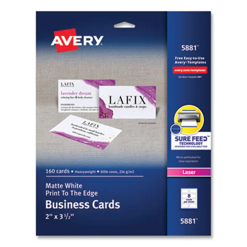 Print-to-the-Edge Microperforated Business Cards with Sure Feed Technology, Laser, 2 x 3.5, White, 8/Sheet, 20 Sheets/Pack - Business Cards | Avery