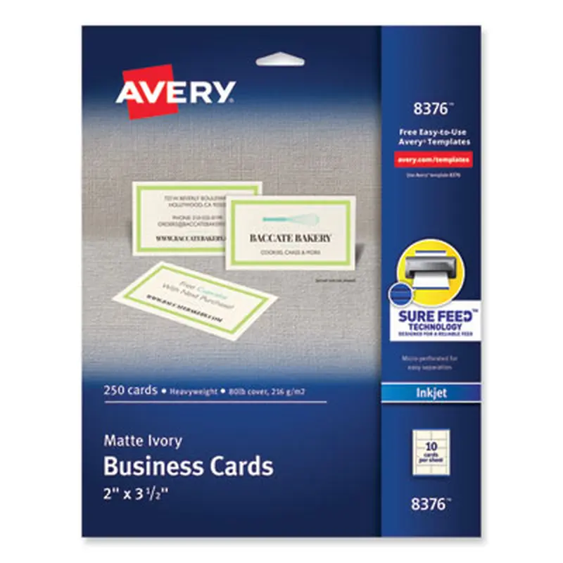 Printable Microperforated Business Cards with Sure Feed Technology, Inkjet, 2 x 3.5, Ivory, 10/Sheet, 25 Sheets/Pack - Business Cards | Avery