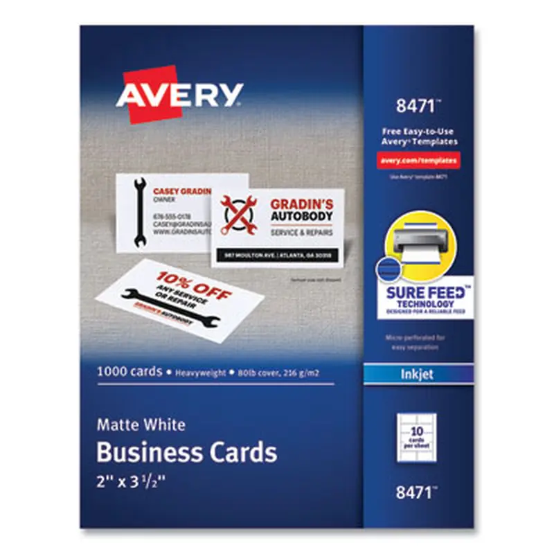 Printable Microperforated Business Cards with Sure Feed Technology, Inkjet, 2 x 3.5, White, 10/Sheet, 100 Sheets/Bx - Business Cards | Avery