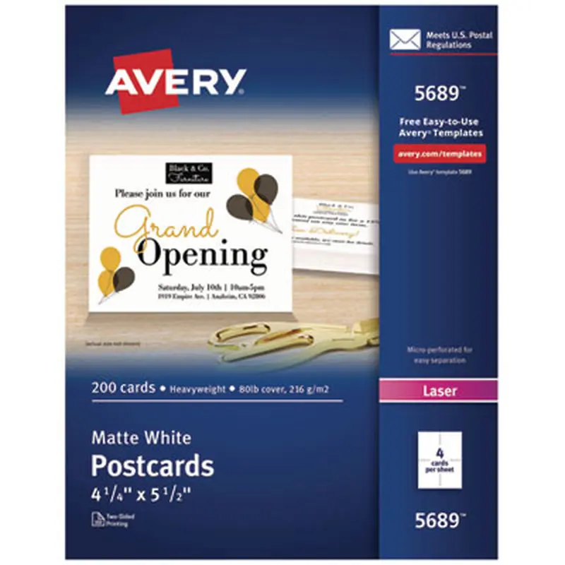 Printable Postcards, Laser, 80 lb, 4.25 x 5.5, Matte White, 200 Cards, 4 Cards/Sheet, 50 Sheets/Box - Greeting Cards | Avery
