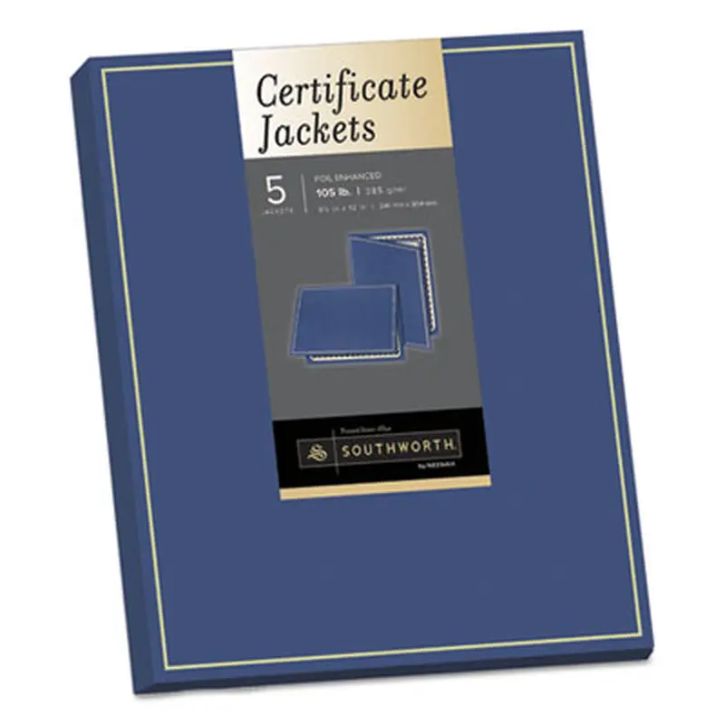 Certificate Jacket, Navy/Gold Border, 88-lb Felt Finish Stock, 12 x 9.5, 5/Pack - Document Holders | Southworth
